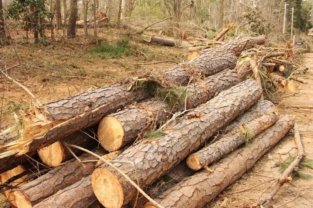 Cut pine logs stacked after a storm